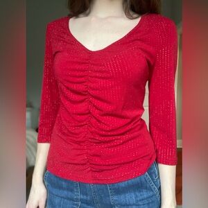 Vintage Red Ruched Top with 3/4 Sleeves